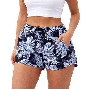 ZeroXposur Women’s 1X Swim Shorts Navy & White Tropical Print Zip & Tie Closure